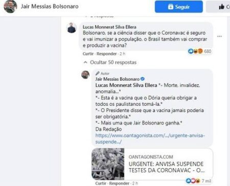 Bolsonaro diz que ‘ganhou’ de Doria com suspensão de testes da Coronavac