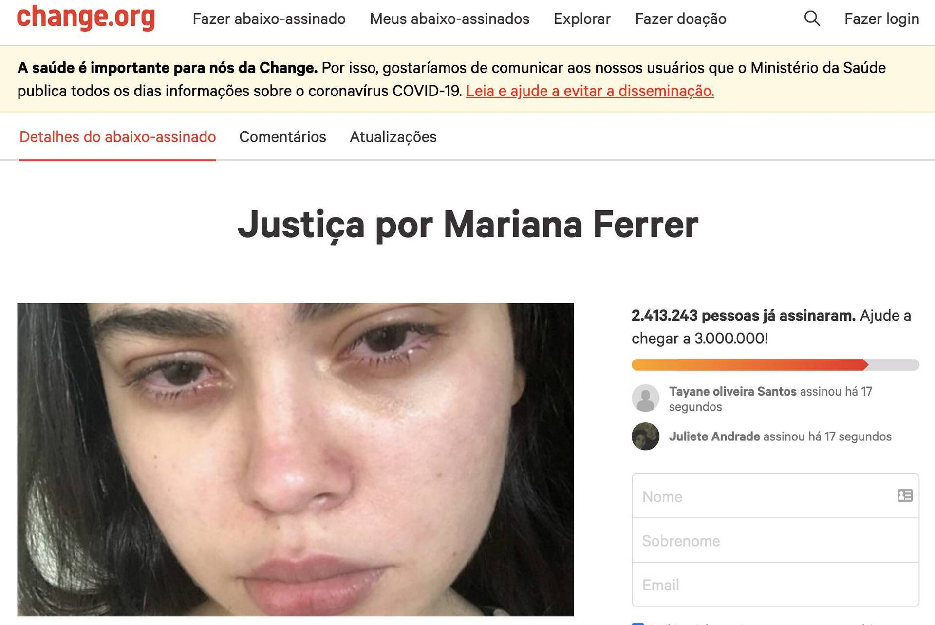  Petição por justiça a Mari Ferrer chega a 2,4 mi de assinaturas