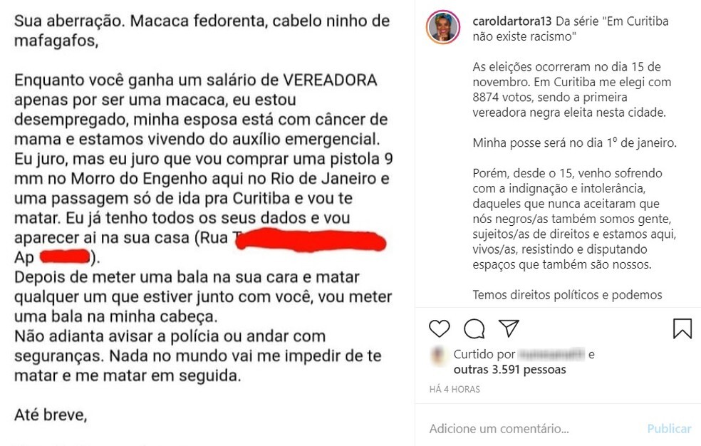 Primeira vereadora negra eleita em Curitiba, Carol Dartora (PT) compartilhou e-mail que recebeu com ameaça de morte