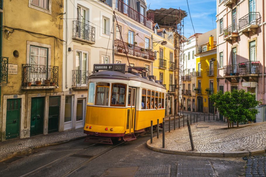 tram on line 28 in lisbon, portugal