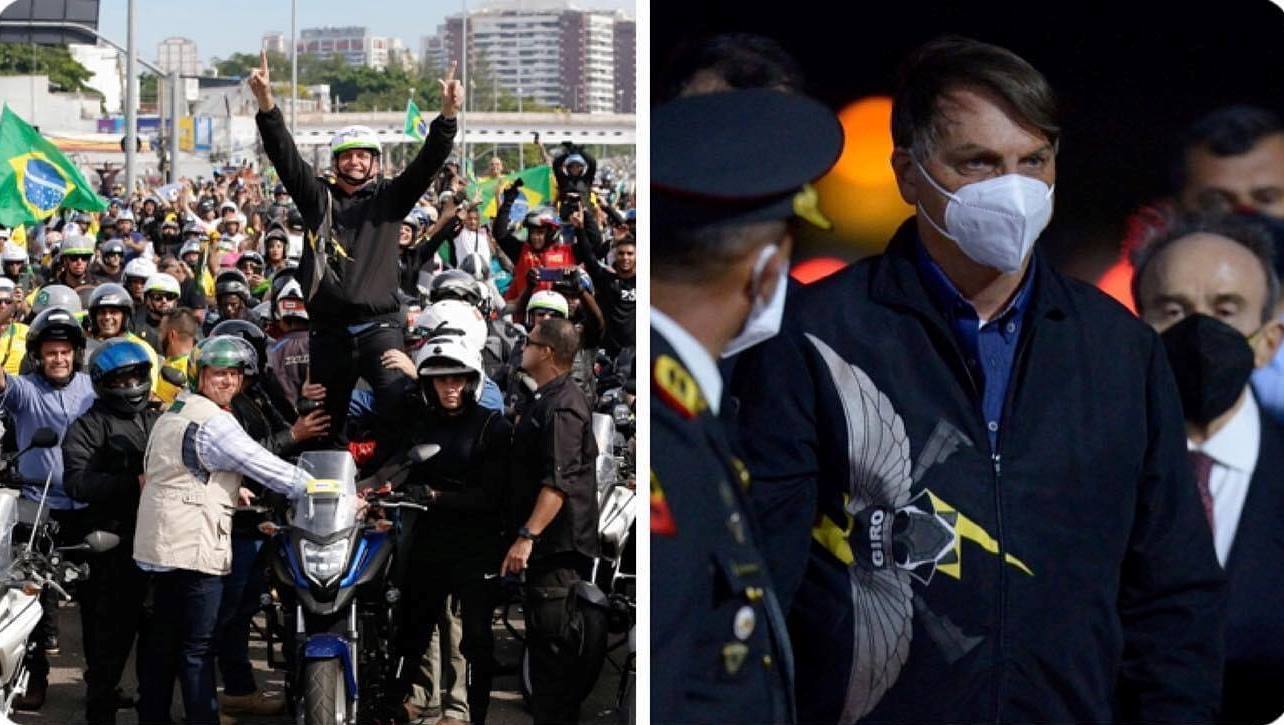À esquerda, Bolsonaro aglomerado sem máscara no Rio de Janeiro; à direita, Bolsonaro com máscara no Equador. As fotos são do mesmo dia.