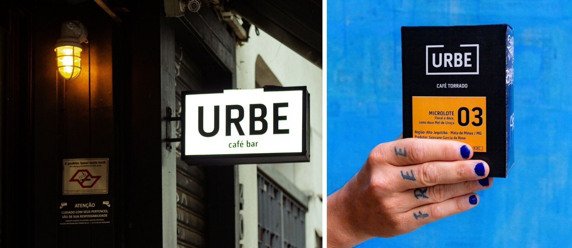 Fachado do Urbe, que fica perto da Paulista, e do Café URBE 03, um café sazonal produzido no Alto Jequitibá, em Minas Gerais