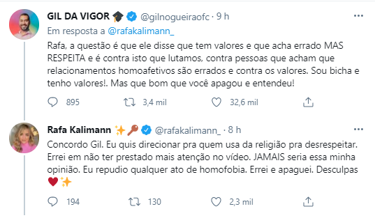 Gil do Vigor explica a Rafa Kalimann o motivo do vídeo conter homofobia