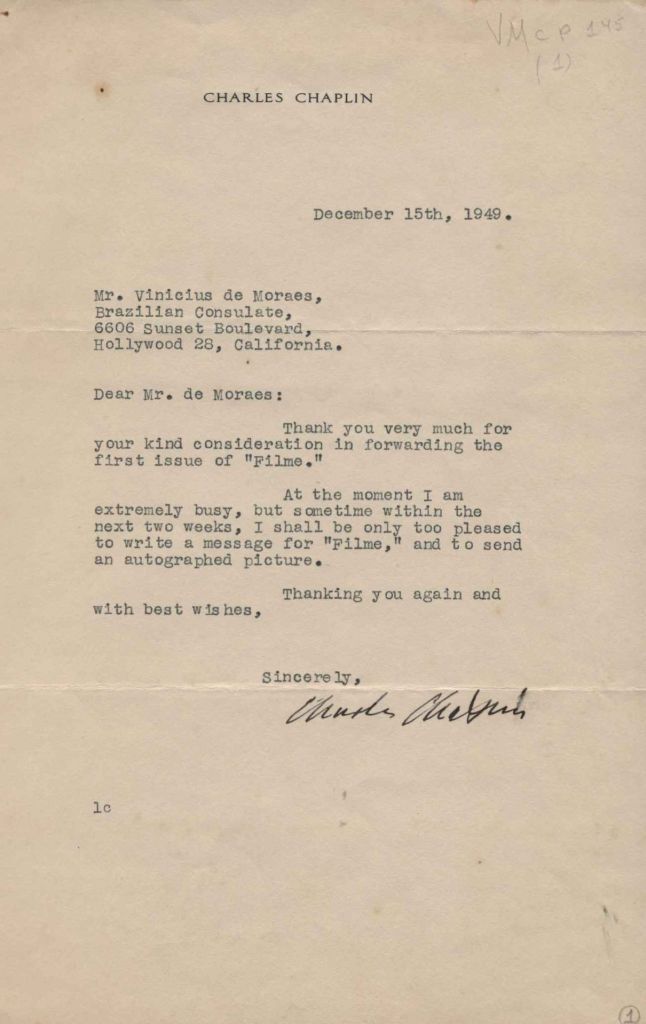 Carta assinada por Charles Chaplin enviada para Vinícius de Moraes
