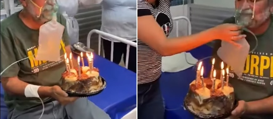 Na celebração, havia bolo e velas em meio a pacientes, enfermeiros e médicos