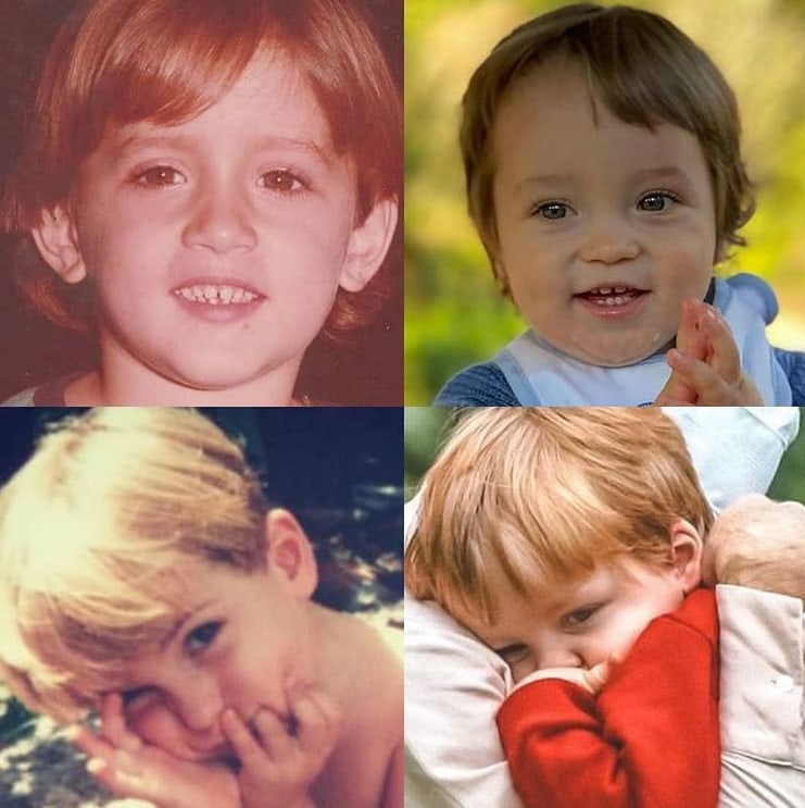 À esquerda, fotos de Paulo Gustavo criança; à direita, fotos de Gael, filho do comediante