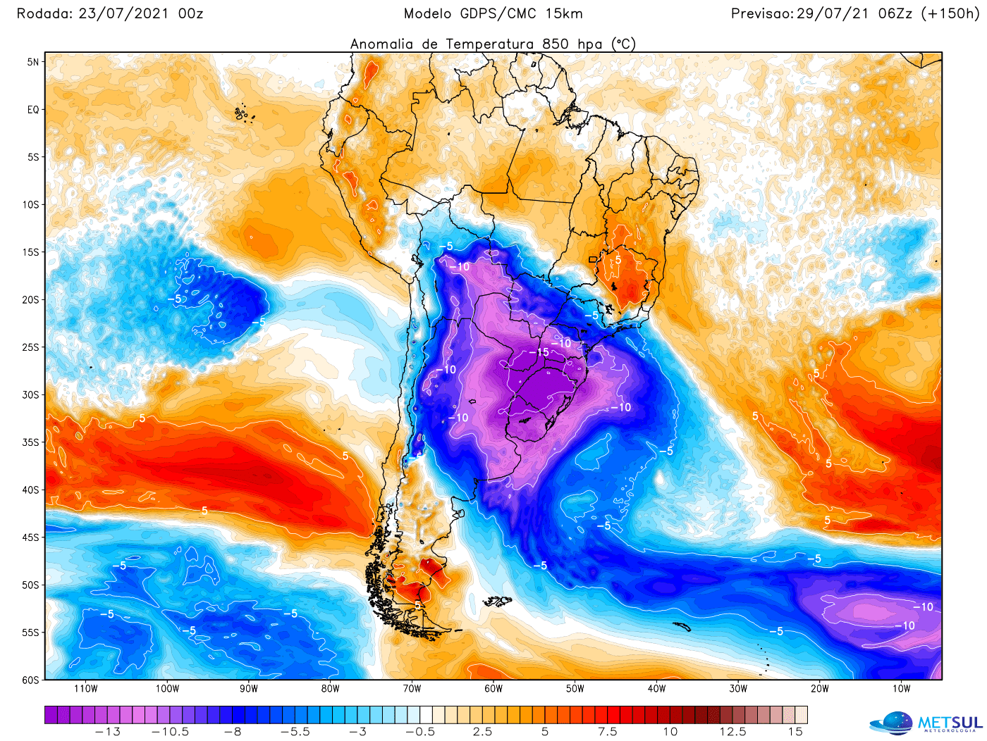 Erupção de ar polar da próxima semana será muito intensa e alcançará extensa área do Brasil pela projeção do MetSul