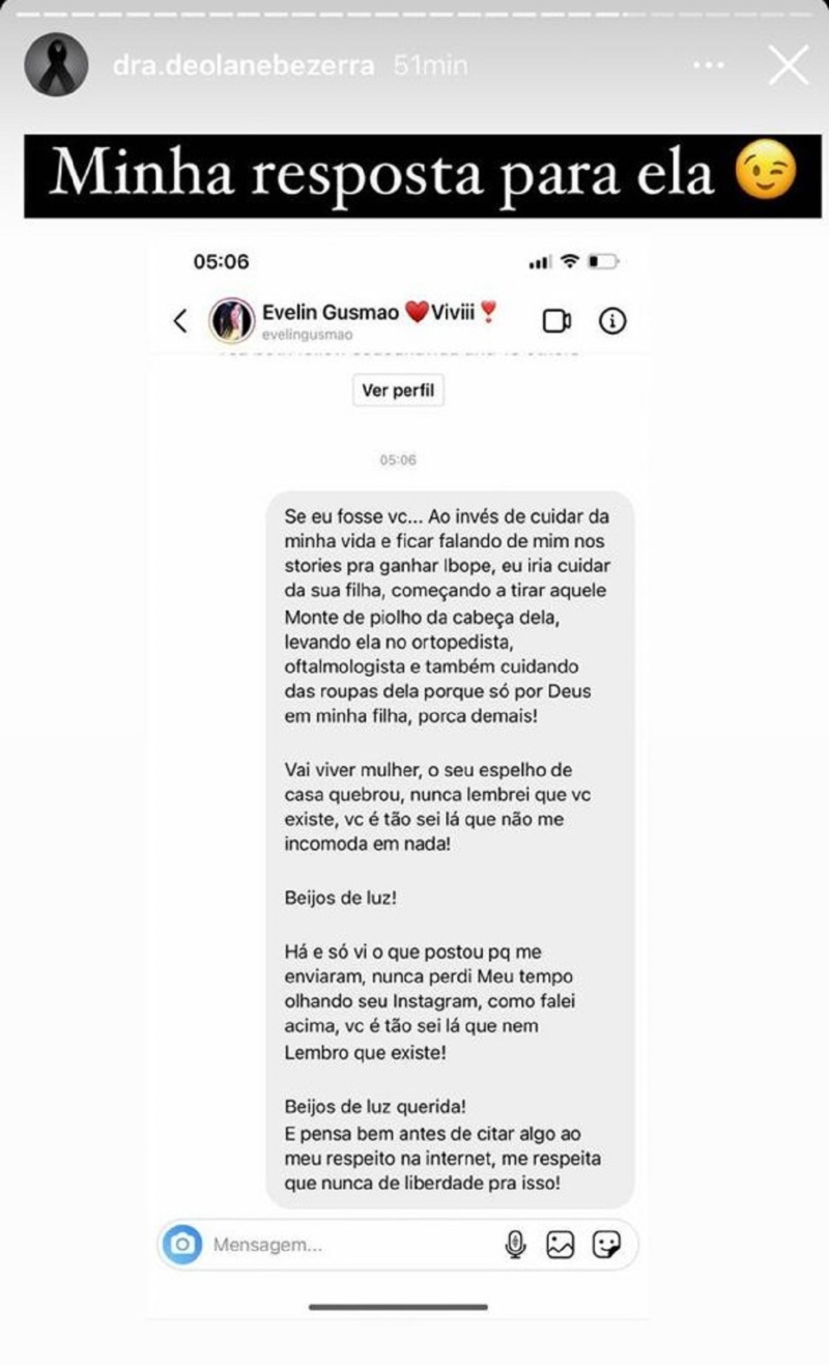 Print publicado por Deolane Bezerra, com insultos para filha de Evelin