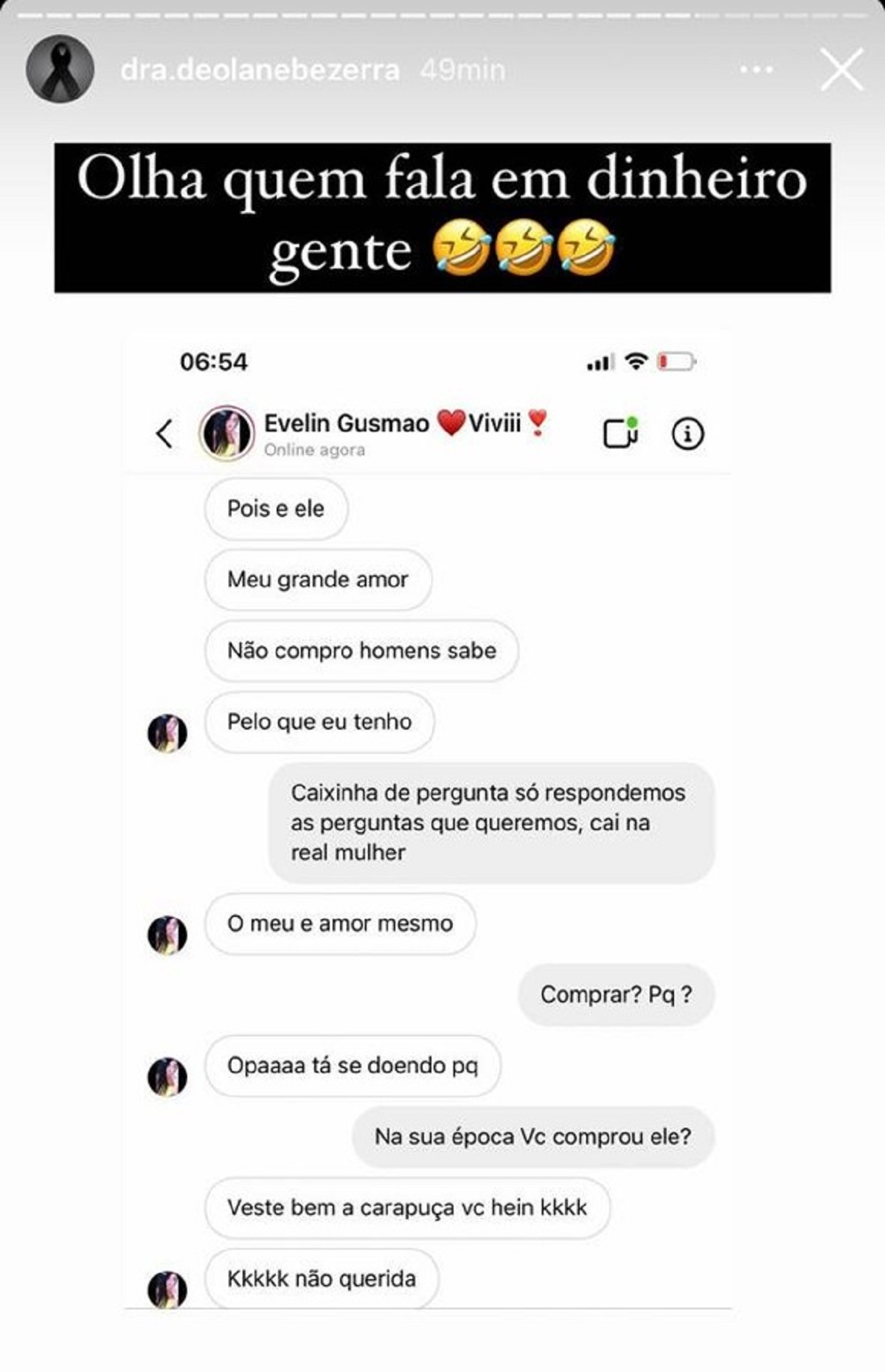 Mensagens trocadas por Deolane e Evenlin no Instagram