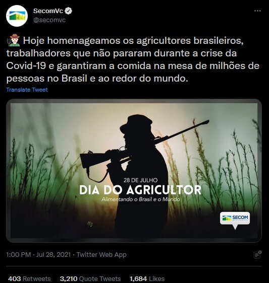 Secom apaga post sobre Dia do Agricultor