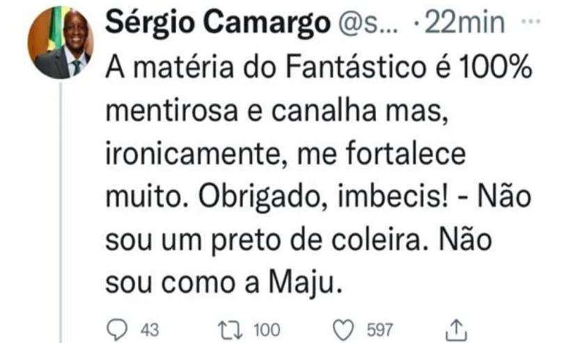 Tweet de Sérgio Camargo ofendendo Maju Coutinho