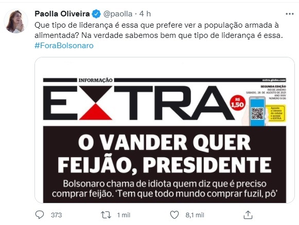 Paolla Oliveira se revolta contra Bolsonaro e o critica na web