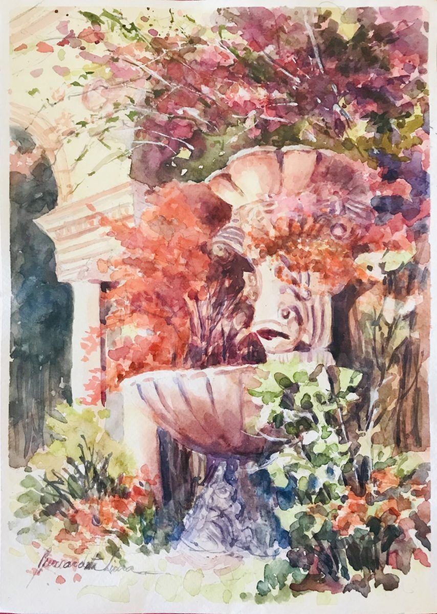 Aquarela sobre papel com o título Jardim na Primavera da artista Bernardete Lima e integrante da exposição Dos Momentos e das Alegrias. Foto: Divulgação.