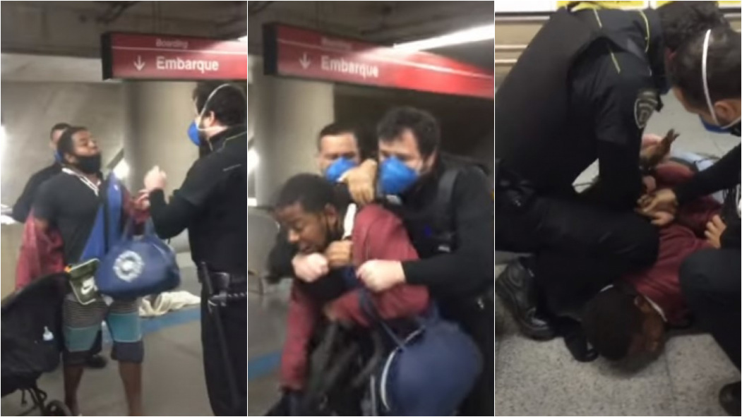 Vídeo mostra seguranças do metrô de SP dando mata-leão em negro com bebê