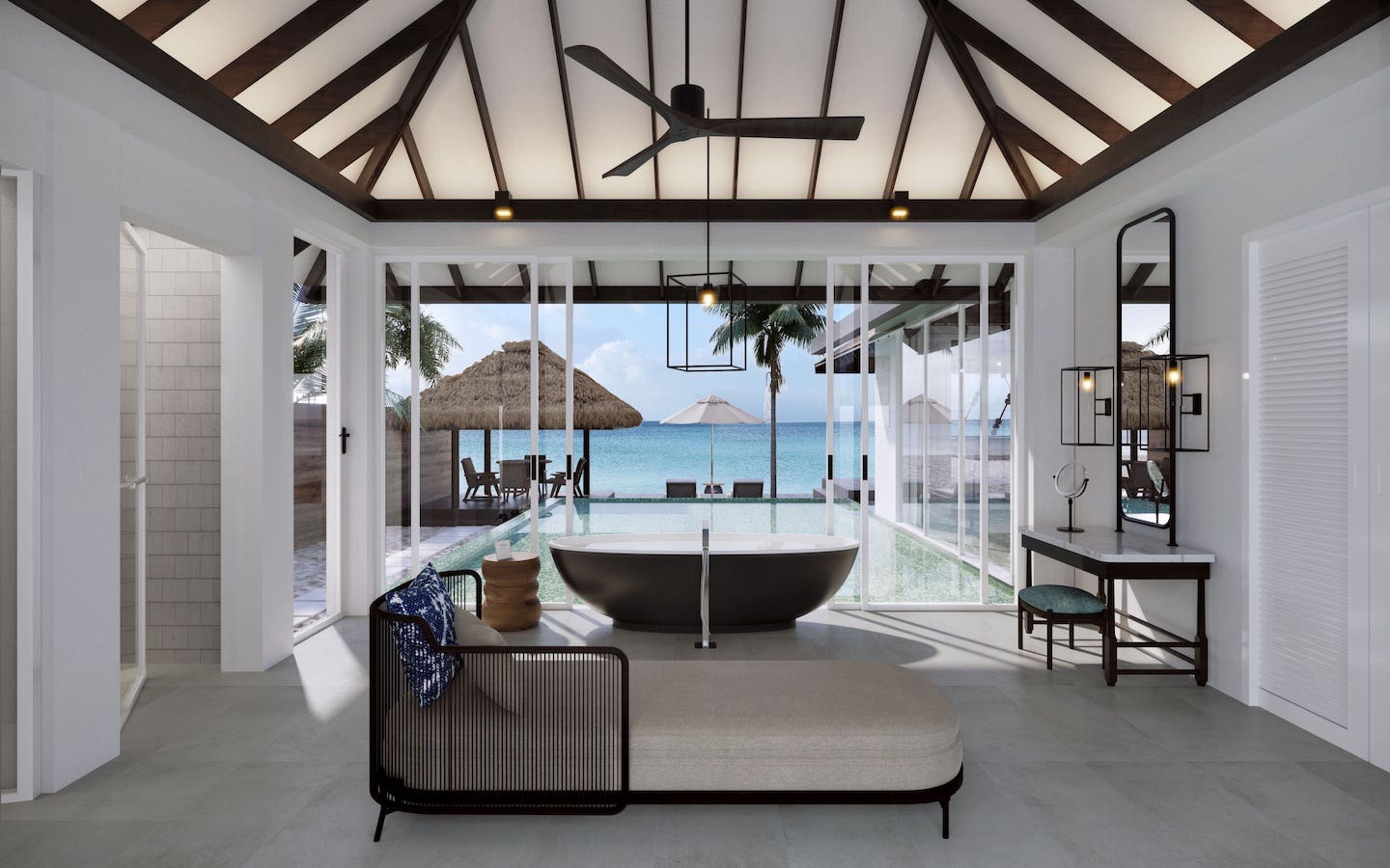 O luxuoso banheiro de uma das “villas” do Naladhu Private Island, nas Maldivas