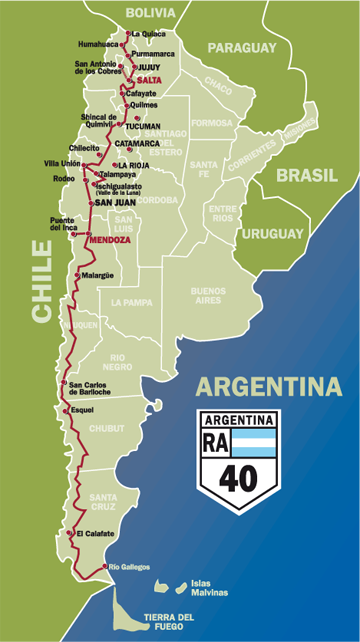  Mapa mostra toda a extensão da Rota 40, que corta a Argentina de norte a sul