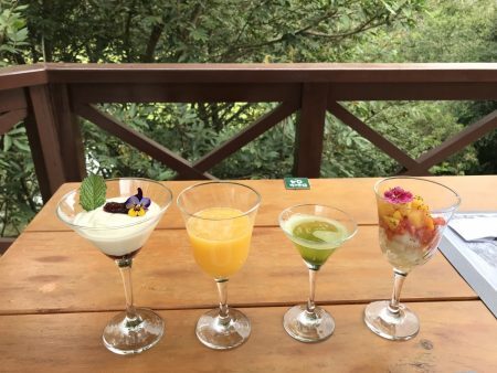Sucos e iogurtes frescos vêm à mesa com flores no Restaurante Vida Verde
