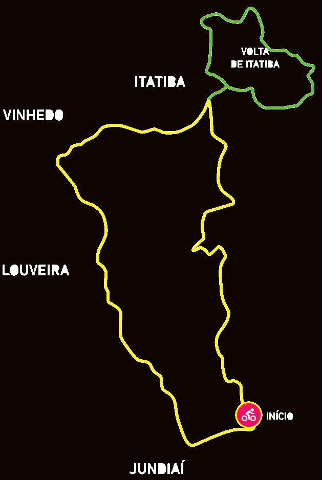 Mapa da Rota das Frutas, que passa por pontos turísticos de Jundiaí, Louveira, Vinhedo e Itatiba 