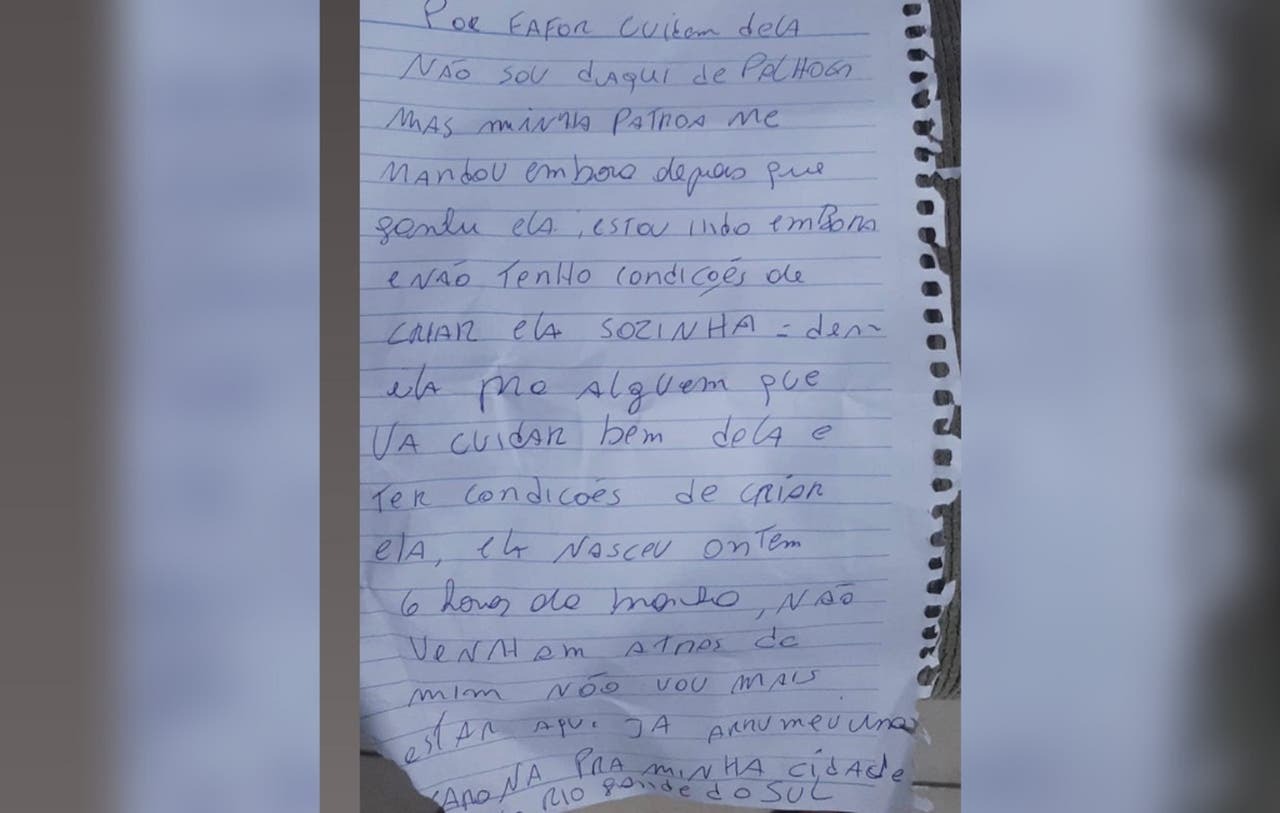 Carta encontrada junto à bebê abandonada em Palhoça (SC)
