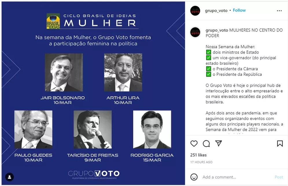Evento sobre mulher na política só tem fala de homens, inclusive Bolsonaro