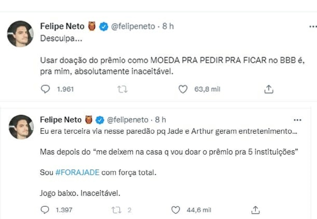 Tweets de Felipe Neto sobre Jade Picon