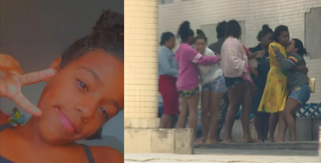 Menina de 11 anos tem perna amputada após acidente com carro alegórico no Rio; à esquerda, a menina Raquel Antunes da Silva; à direita, parentes dela preocupados com seu estado