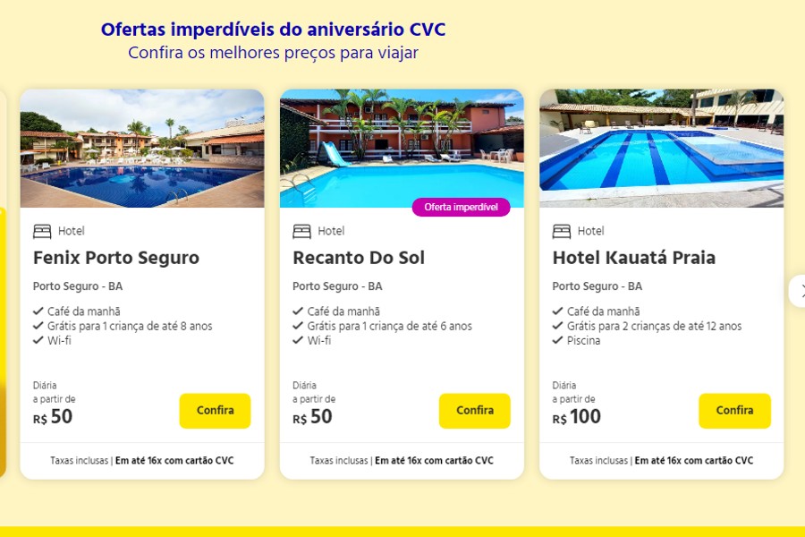 CVC tem diárias em Porto Seguro (BA) a partir de R$ 50, por dia