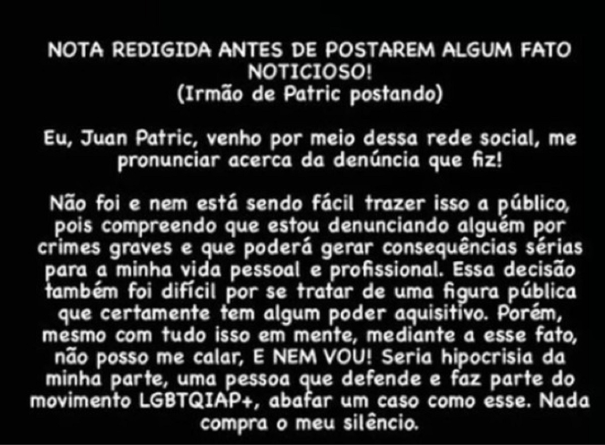 Publicação feita nos Stories de Juan Patric