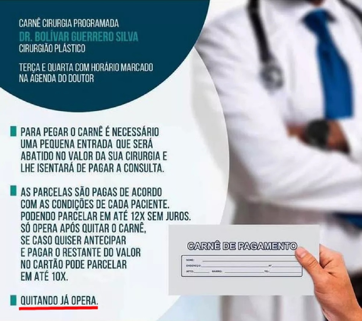 Anúncio do ‘x-tudão’ da clínica de Bolívar Guerrero
