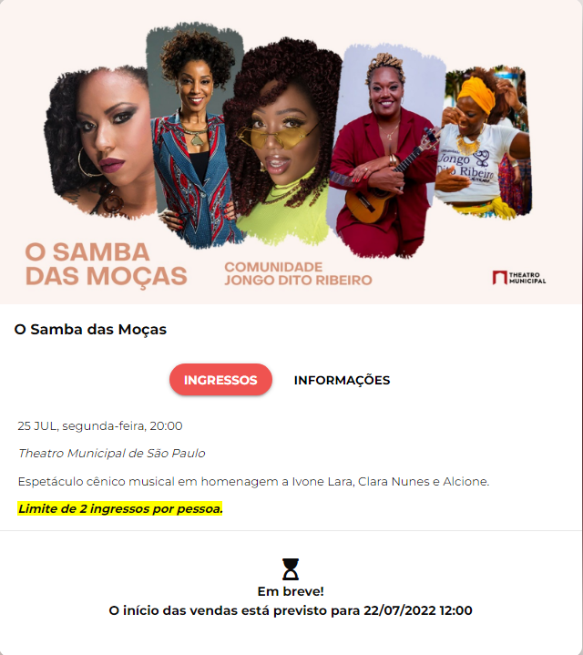 Os ingressos para o “Samba das Moças” são distribuídos a partir de 22 de julho
