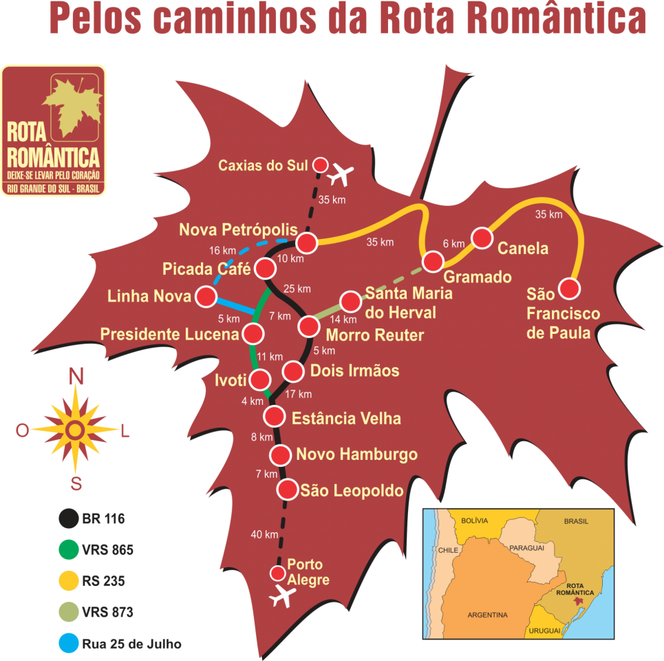 Mapa da Rota Romântica, na Serra Gaúcha