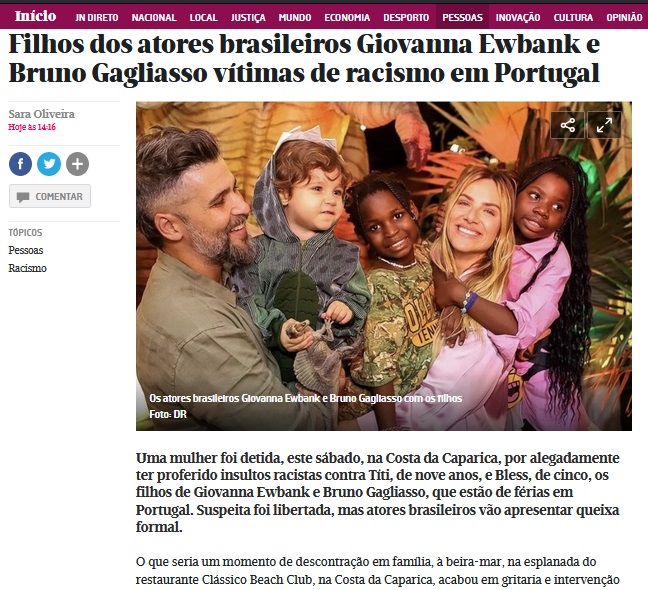 Episódio de racismo com Gio Ewbank repercute na imprensa portuguesa