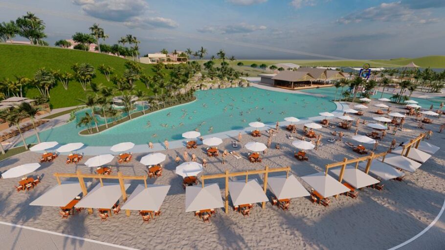 Concepção artística mostra como será a praia artificial do parque aquático Bali Park, em Luziânia