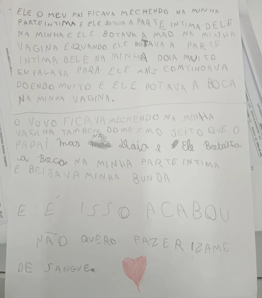 Carta da menina abusada pelo próprio pai e avô
