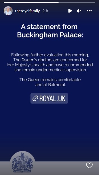 Declaração do Palácio de Buckingham no Instagram, sobre o estado de saúde da rainha