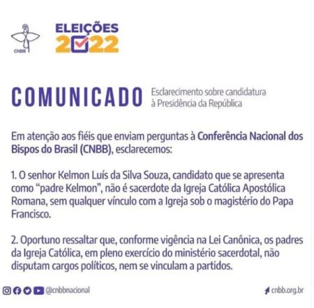 A Conferência Nacional dos Bispos do Brasil (CNBB) emitiu nota