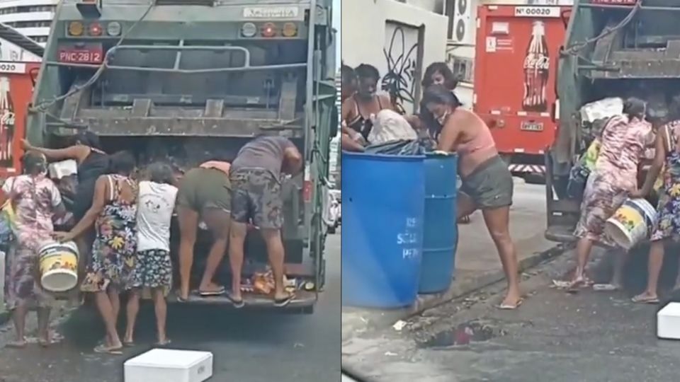 Pessoas reviram caçamba de lixo em busca de comida em Fortaleza
