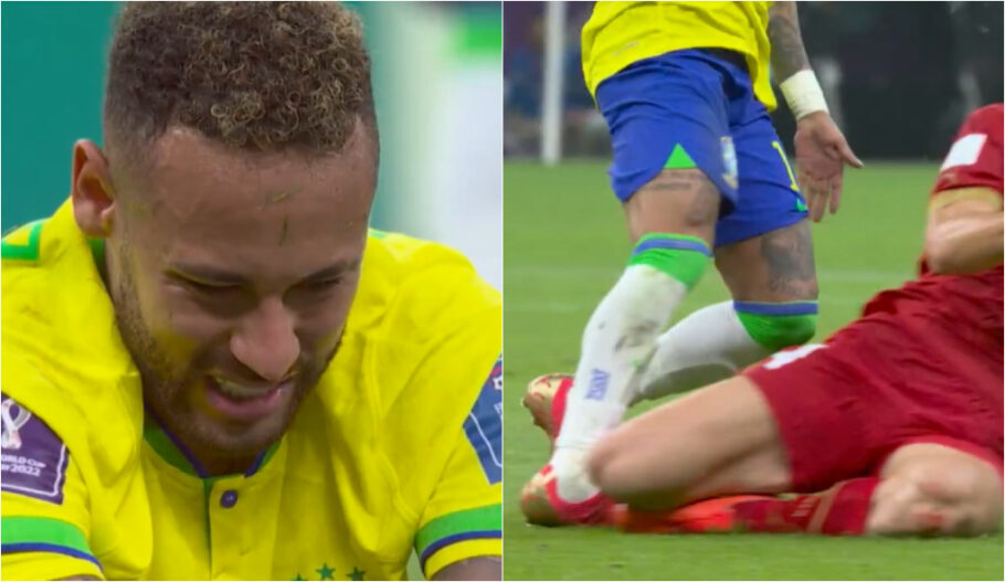 Neymar torceu o tornozelo ao dividir a bola com jogador sérvio