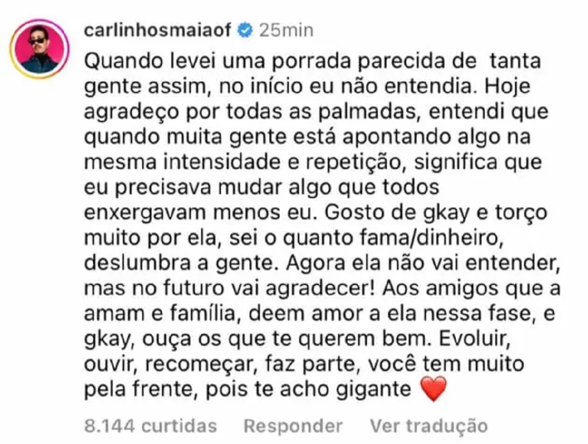 Comentário de Carlinhos Maia sobre as polêmicas envolvendo Gkay