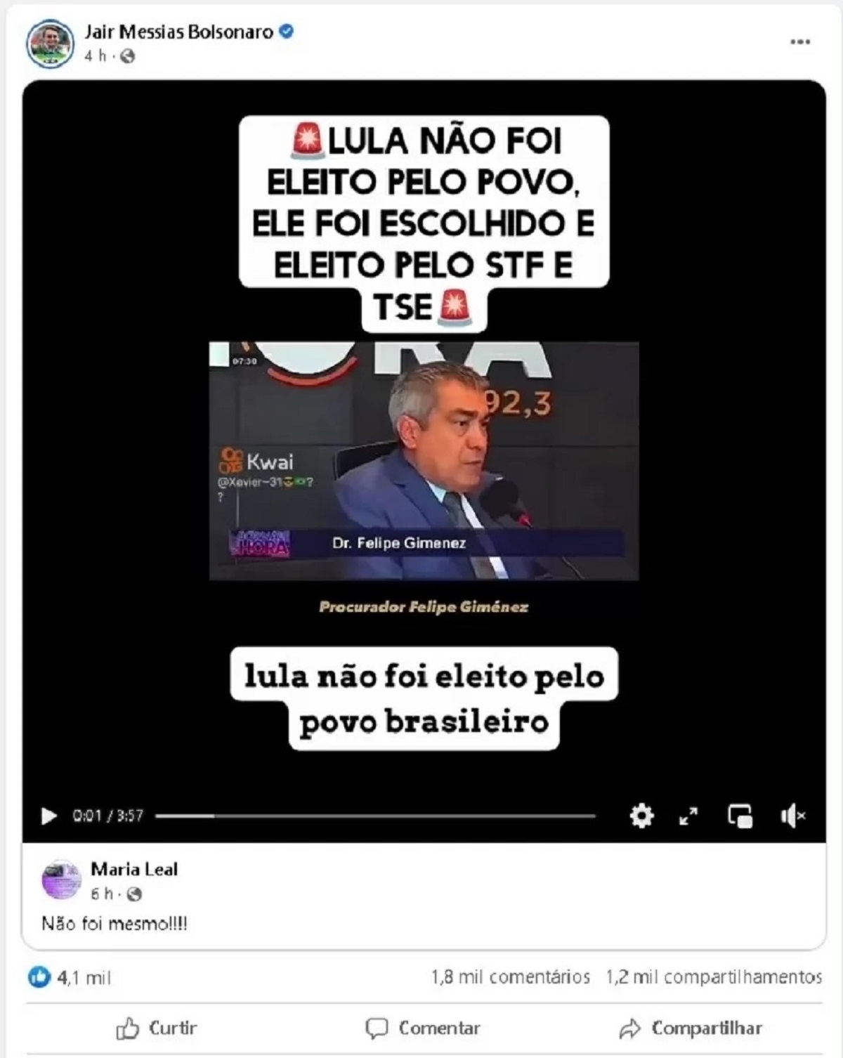 Post publicado pelo perfil de Jair Bolsonaro