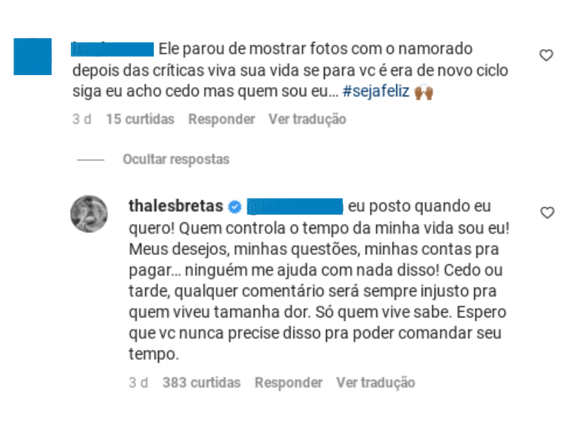 Thales Bretas responde seguidora no Instagram