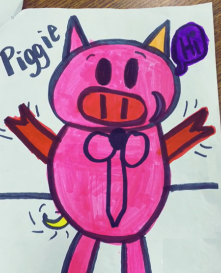 Criança desenha porquinho usando gravata borboleta