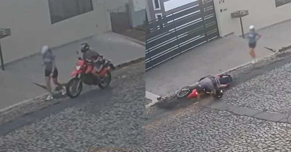Homem apalpa parte íntimas de mulher e cai da moto em seguida