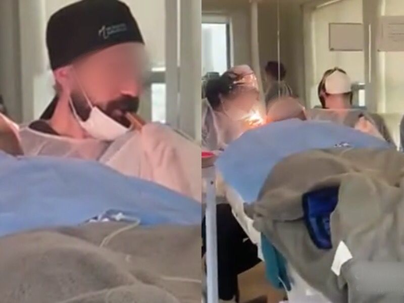 Vídeo de médico fumando vape durante procedimento cirúrgico
