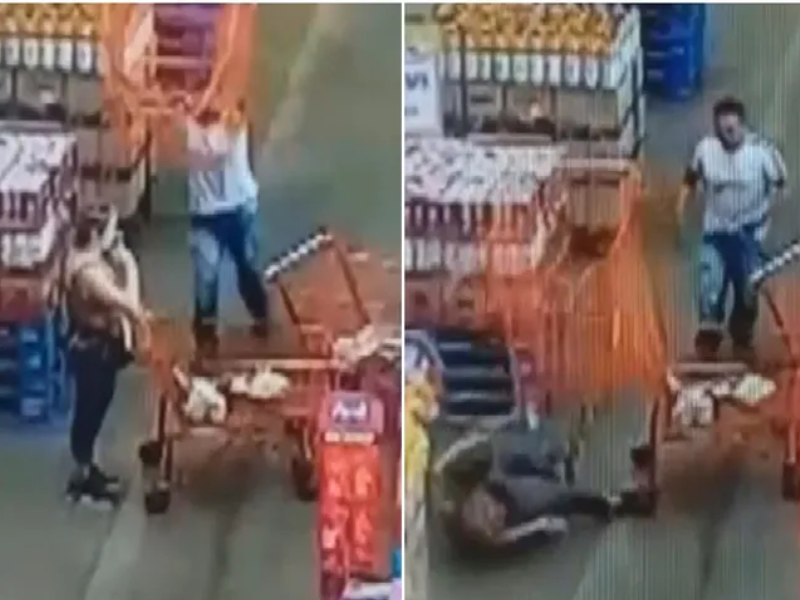 Homem joga carrinho de supermercado contra uma mulher em Goiás
