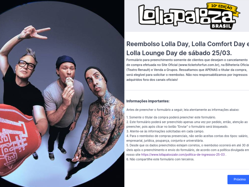 Após o Blink-182 cancelar o show, o Lollapalooza disponibilizou informações sobre reembolso