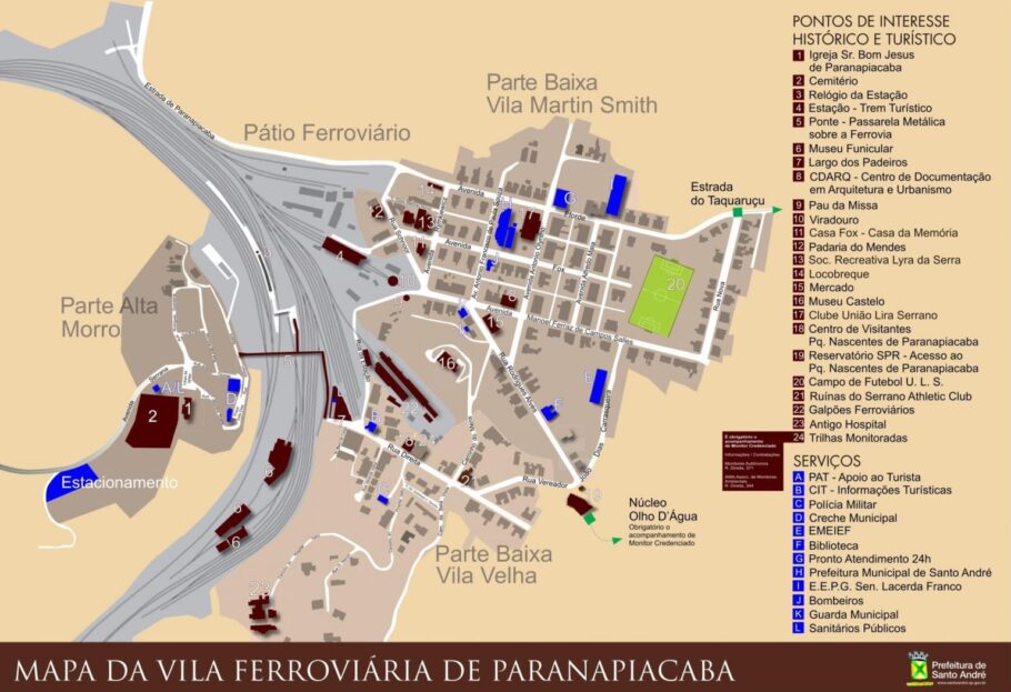 Mapa com as atrações da vila de Paranapiacaba