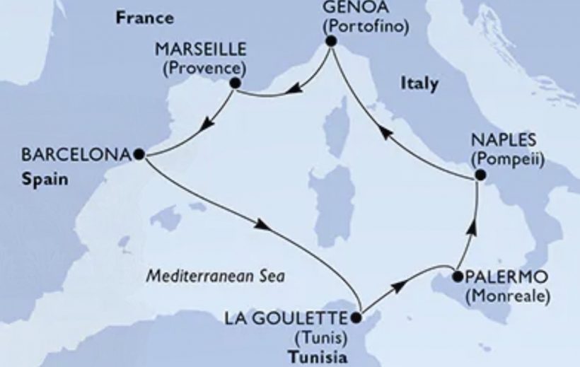 Itinerário do cruzeiro de sete dias pelo Mediterrâneo exibido na TV da cabine do MSC Grandiosa