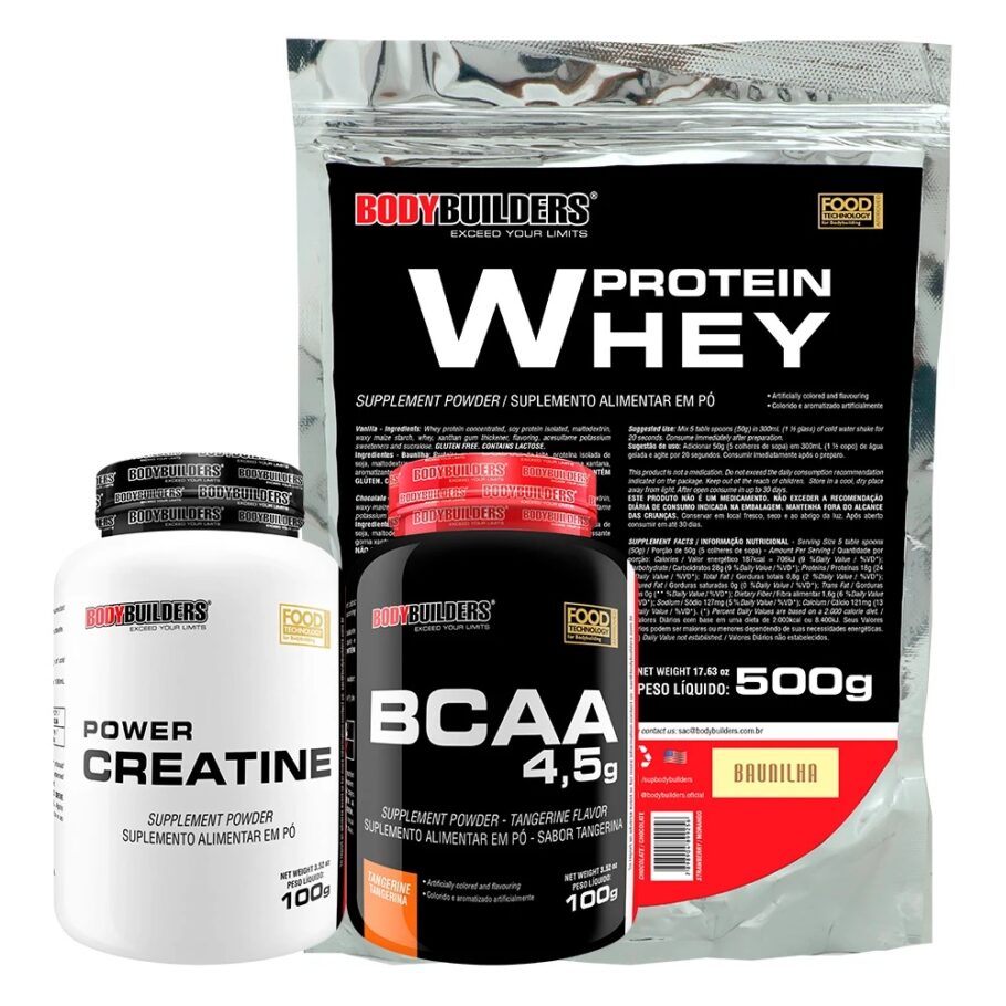 O kit Whey Protein Concentrado em Blend 500g + BCAA 100g + Power Creatina 100g da marca BodyBuilders custa R$38,96 na promoção