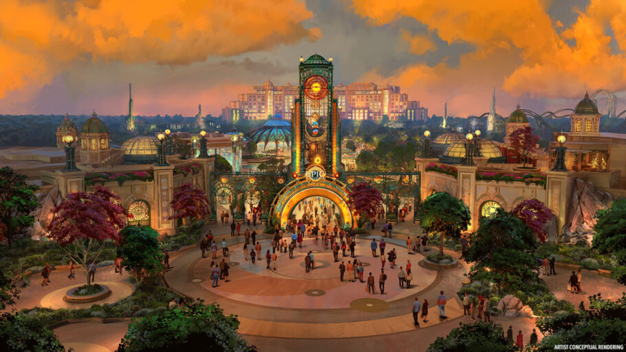 Concepção artística mostra como será a entrada do Epic Universe, novo parque da Universal em Orlando